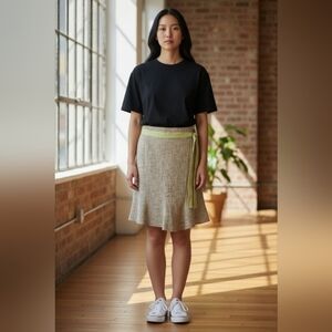 Ann Taylor Tweed Side Zip Flare A-Line Skirt Neutral Beige Green Waist Trim Sz 6